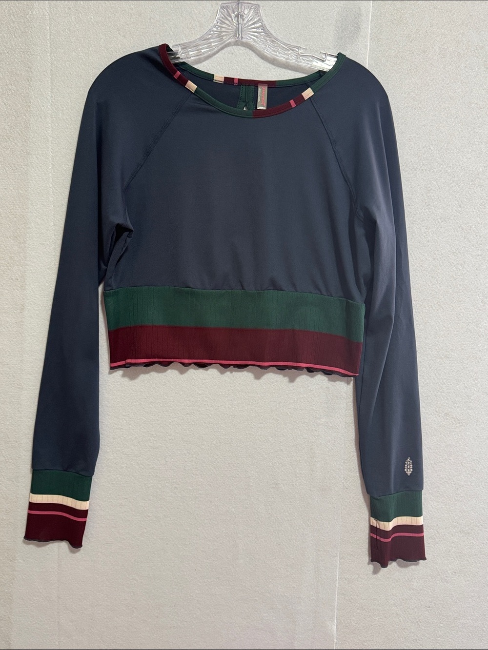 Free People Navy Cropped Long-Sleeve Top Open Back with Green and Burgundy Trim